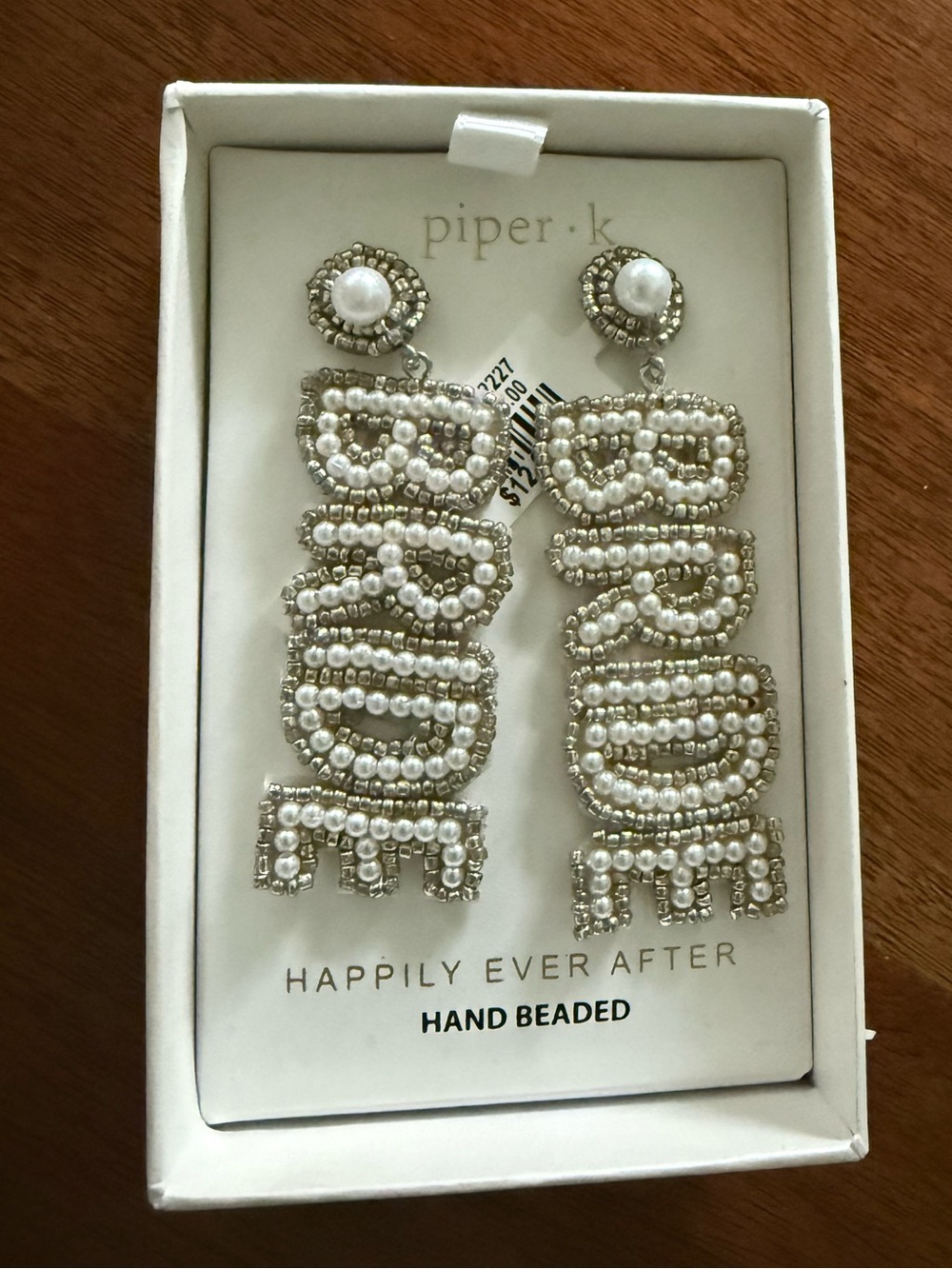 Piper Pearl and Silver 'BRIDE' Beaded Drop Earrings